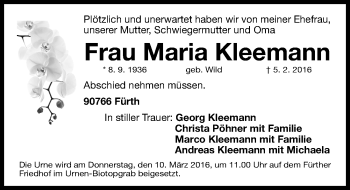 Traueranzeige von Maria Kleemann von Fürther Nachrichten Lokal