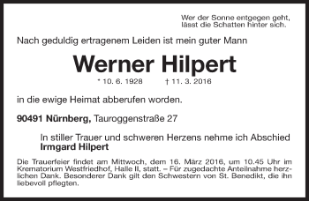 Traueranzeige von Werner Hilpert von Gesamtausgabe Nürnberger Nachrichten/ Nürnberger Ztg.
