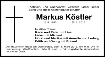 Traueranzeige von Markus Köstler von Gesamtausgabe Nürnberger Nachrichten/ Nürnberger Ztg.