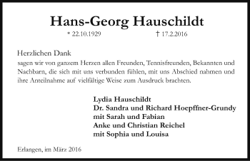 Traueranzeige von Hans-Georg Hauschildt von Erlanger Nachrichten Lokal