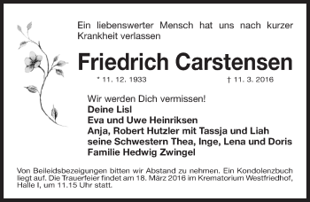 Traueranzeige von Friedrich Carstensen von Gesamtausgabe Nürnberger Nachrichten/ Nürnberger Ztg.