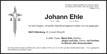 Traueranzeige von Johann Ehle von Gesamtausgabe Nürnberger Nachrichten/ Nürnberger Ztg.