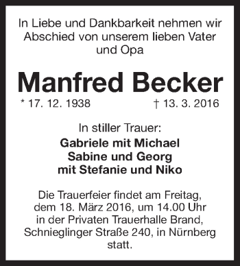 Traueranzeige von Manfred Becker von Gesamtausgabe Nürnberger Nachrichten/ Nürnberger Ztg.