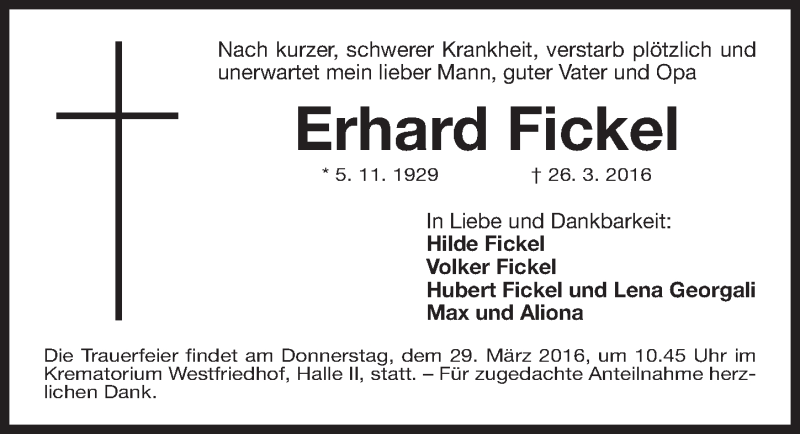  Traueranzeige für Erhard Fickel vom 29.03.2016 aus Gesamtausgabe Nürnberger Nachrichten / Nürnberger Ztg.