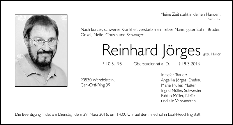  Traueranzeige für Reinhard Jörges vom 26.03.2016 aus Gesamtausgabe Nürnberger Nachrichten/ Nürnberger Ztg.