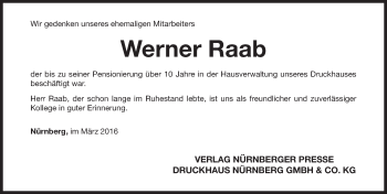 Traueranzeige von Werner Raab von Gesamtausgabe Nürnberger Nachrichten/ Nürnberger Ztg.