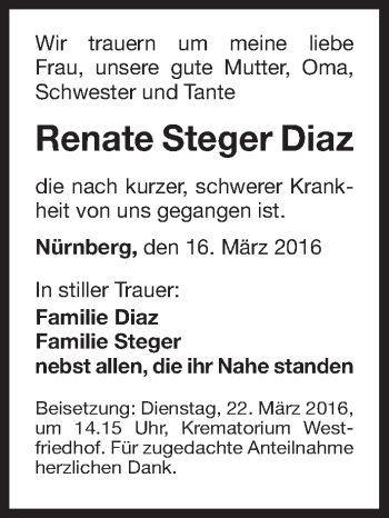 Traueranzeige von Renate Steger Diaz  von Gesamtausgabe Nürnberger Nachrichten/ Nürnberger Ztg.