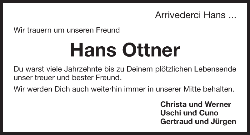  Traueranzeige für Hans Ottner vom 17.03.2016 aus Gesamtausgabe Nürnberger Nachrichten/ Nürnberger Ztg.