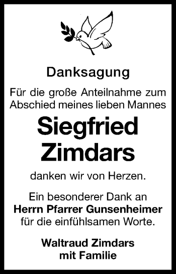Traueranzeige von Siegfried Zimdars von Gesamtausgabe Nürnberger Nachrichten/ Nürnberger Ztg.