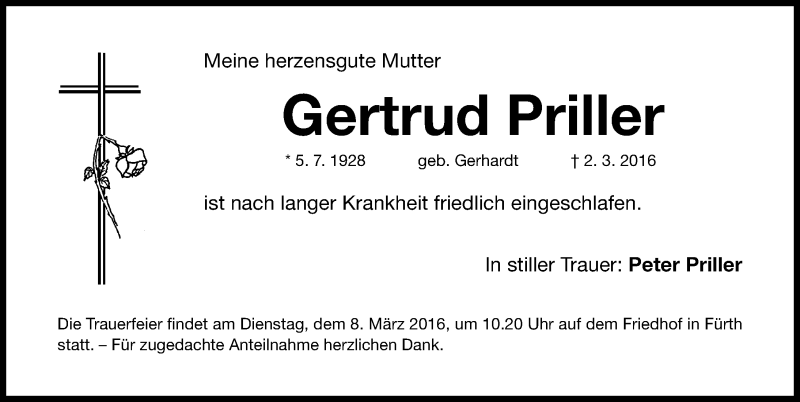  Traueranzeige für Gertrud Priller vom 05.03.2016 aus Fürther Nachrichten Lokal