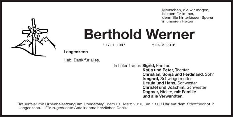  Traueranzeige für Berthold Werner vom 29.03.2016 aus Fürther Nachrichten Lokal