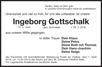 Traueranzeige von Ingeborg Gottschalk von Gesamtausgabe Nürnberger Nachrichten/ Nürnberger Ztg.