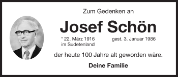 Traueranzeige von Josef Schön von Gesamtausgabe Nürnberger Nachrichten/ Nürnberger Ztg.