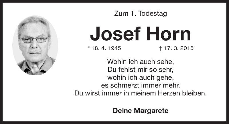  Traueranzeige für Josef Horn vom 17.03.2016 aus HEN,HFO,HHE