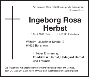 Traueranzeige von Ingeborg Rosa Herbst von Gesamtausgabe Nürnberger Nachrichten/ Nürnberger Ztg.