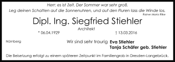 Traueranzeige von Siegfried Stiehler von Gesamtausgabe Nürnberger Nachrichten/ Nürnberger Ztg.