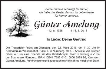 Traueranzeige von Gertrud Amelung von Gesamtausgabe Nürnberger Nachrichten/ Nürnberger Ztg.