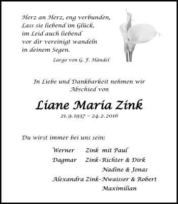 Traueranzeige von Liane Maria Zink von Schwabach