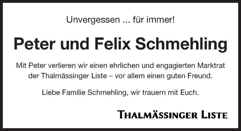  Traueranzeige für Peter Schmehling vom 26.03.2016 aus Roth-Hilpoltsteiner Volkszeitung Lokal
