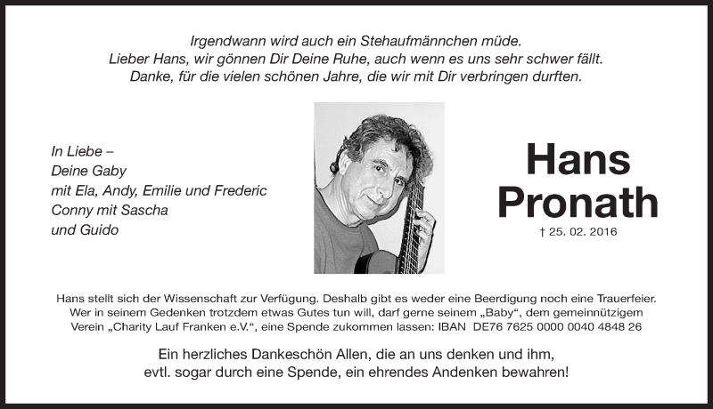  Traueranzeige für Hans Pronath vom 11.03.2016 aus Fürther Landkreisnachrichten Land