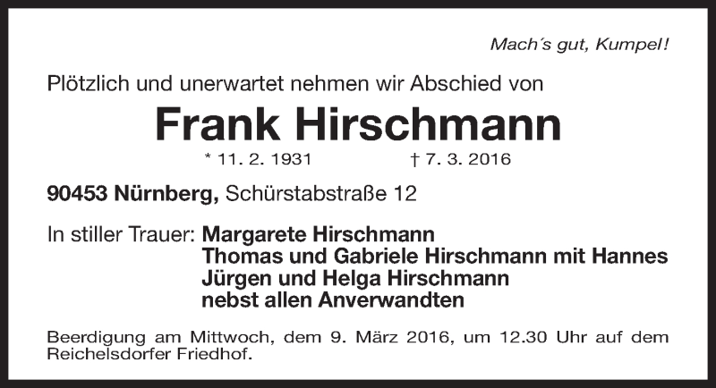  Traueranzeige für Frank Hirschmann vom 08.03.2016 aus Gesamtausgabe Nürnberger Nachrichten/ Nürnberger Ztg.