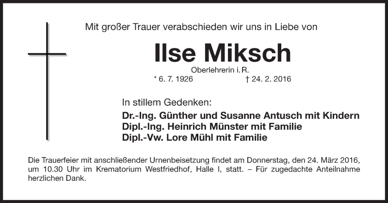  Traueranzeige für Ilse Miksch vom 19.03.2016 aus Gesamtausgabe Nürnberger Nachrichten/ Nürnberger Ztg.