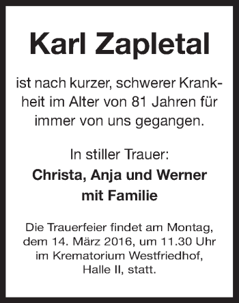 Traueranzeige von Karl Zapletal von Gesamtausgabe Nürnberger Nachrichten/ Nürnberger Ztg.