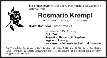 Traueranzeige von Rosmarie Krempl von Gesamtausgabe Nürnberger Nachrichten/ Nürnberger Ztg.