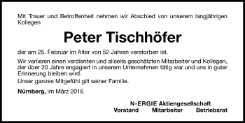 Traueranzeige von Peter Tischhöfer von Gesamtausgabe Nürnberger Nachrichten/ Nürnberger Ztg.