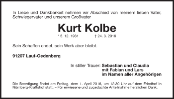Traueranzeige von Kurt Kolbe von Gesamtausgabe Nürnberger Nachrichten/ Nürnberger Ztg.