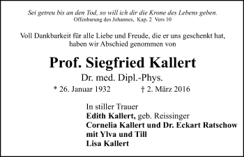 Traueranzeige von Siegfried Kallert  von Erlanger Nachrichten Lokal
