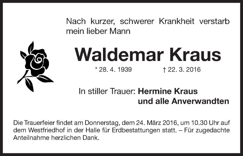  Traueranzeige für Waldemar Kraus vom 23.03.2016 aus Gesamtausgabe Nürnberger Nachrichten/ Nürnberger Ztg.