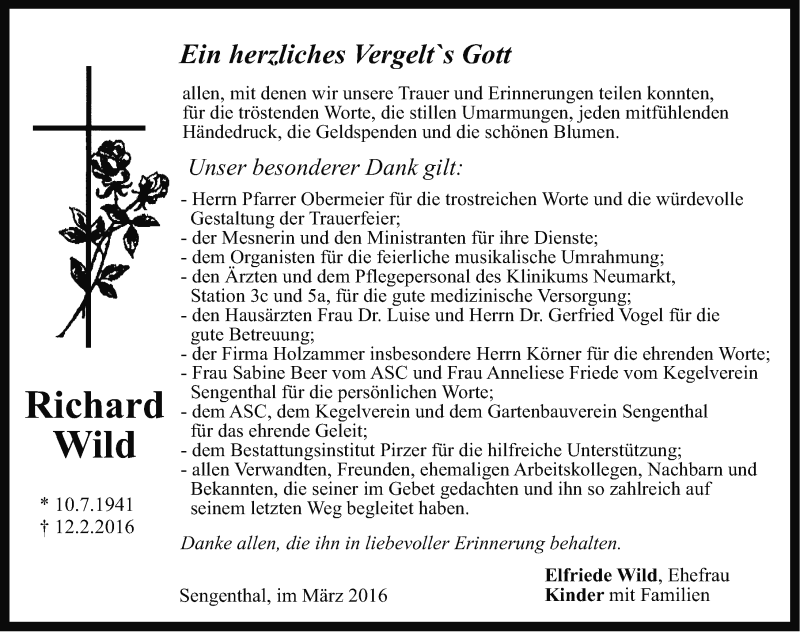  Traueranzeige für Richard Wild vom 12.03.2016 aus Neumarkter Nachrichten Lokal