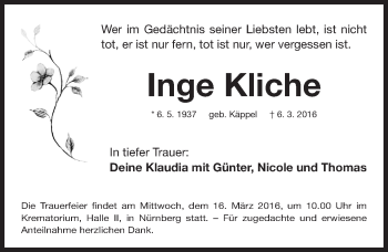 Traueranzeige von Inge Kliche von Gesamtausgabe Nürnberger Nachrichten/ Nürnberger Ztg.