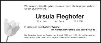 Traueranzeige von Ursula Fieghofer von Gesamtausgabe Nürnberger Nachrichten/ Nürnberger Ztg.