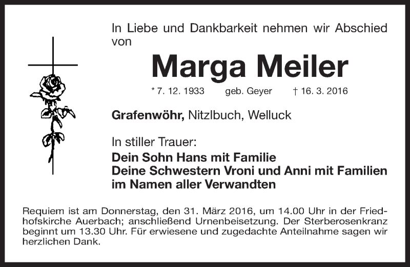  Traueranzeige für Marga Meiler vom 26.03.2016 aus Nordbayerische Nachrichten Pegnitz Lokal