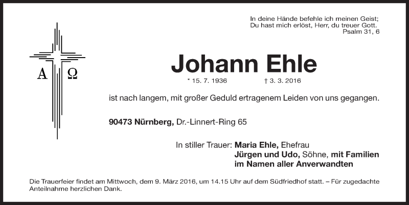  Traueranzeige für Johann Ehle vom 05.03.2016 aus Gesamtausgabe Nürnberger Nachrichten/ Nürnberger Ztg.