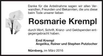 Traueranzeige von Rosmarie Krempl von Gesamtausgabe Nürnberger Nachrichten/ Nürnberger Ztg.