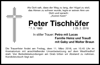 Traueranzeige von Peter Tischhöfer von Gesamtausgabe Nürnberger Nachrichten/ Nürnberger Ztg.