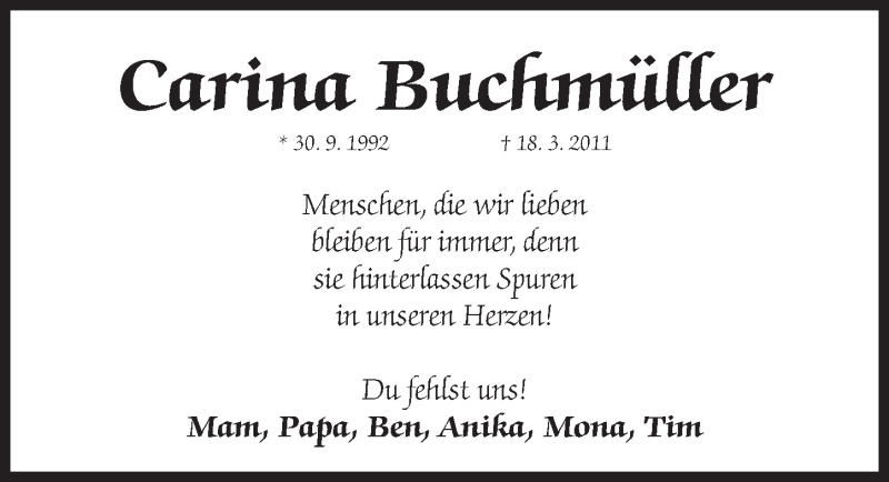  Traueranzeige für Carina Buchmüller vom 18.03.2016 aus Roth-Hilpoltsteiner Volkszeitung Lokal