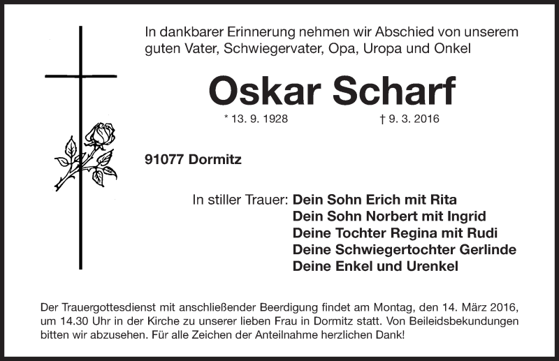  Traueranzeige für Oskar Scharf vom 12.03.2016 aus Erlanger Nachrichten Lokal
