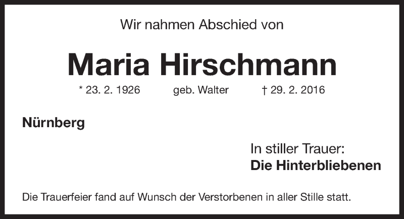  Traueranzeige für Maria Hirschmann vom 12.03.2016 aus Gesamtausgabe Nürnberger Nachrichten/ Nürnberger Ztg.