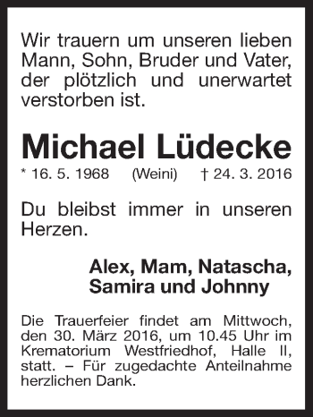 Traueranzeige von Michael Lüdecke von Gesamtausgabe Nürnberger Nachrichten / Nürnberger Ztg.