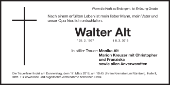 Traueranzeige von Walter Alt von Gesamtausgabe Nürnberger Nachrichten/ Nürnberger Ztg.