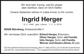 Traueranzeige von Ingrid Herger von Gesamtausgabe Nürnberger Nachrichten/ Nürnberger Ztg.