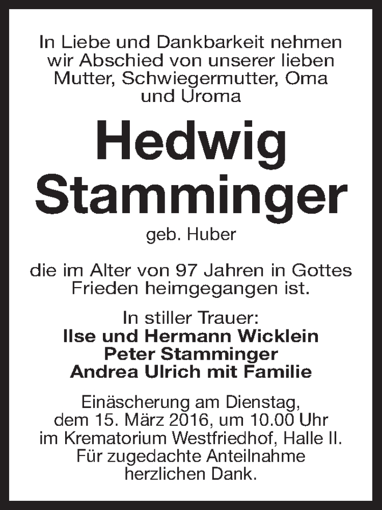  Traueranzeige für Hedwig Stamminger vom 12.03.2016 aus Gesamtausgabe Nürnberger Nachrichten/ Nürnberger Ztg.