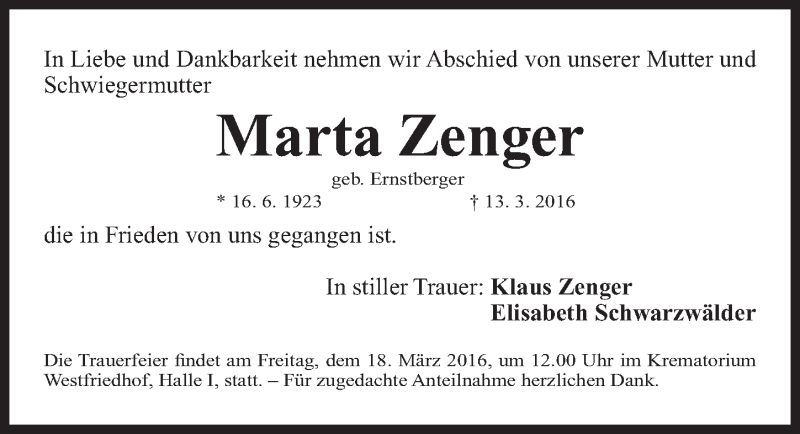  Traueranzeige für Marta Zenger vom 16.03.2016 aus Gesamtausgabe Nürnberger Nachrichten/ Nürnberger Ztg.