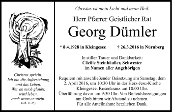Traueranzeige von Georg Dümler von Gesamtausgabe Nürnberger Nachrichten/ Nürnberger Ztg.