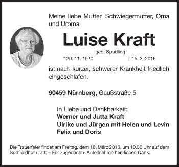 Traueranzeige von Luise Kraft von Gesamtausgabe Nürnberger Nachrichten/ Nürnberger Ztg.