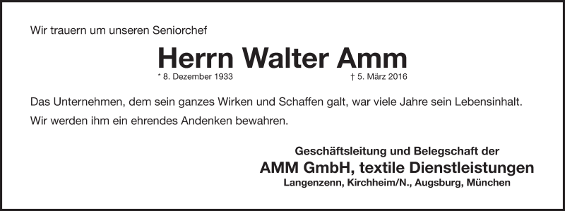 Traueranzeige für Walter Amm vom 09.03.2016 aus Gesamtausgabe Nürnberger Nachrichten/ Nürnberger Ztg.